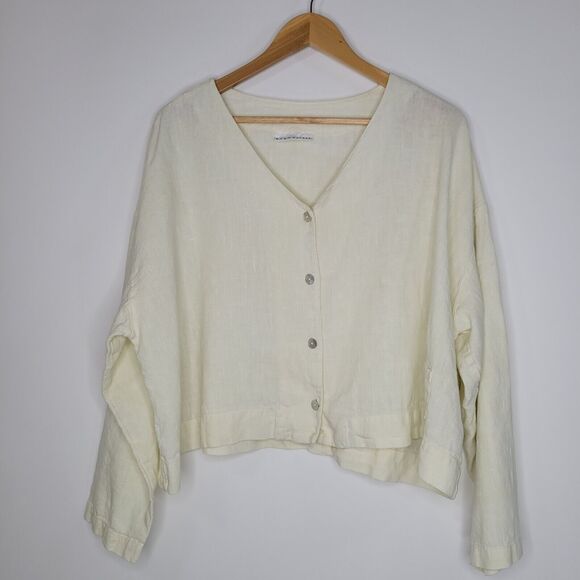 BRYN WALKER Ivory Linen Button-Back Cardigan Size M Lagenlook Boxy Off White - Picture 1 of 13